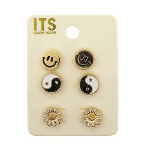 Set of 3 Stud‎ Earrings Smiley Face Flower 90s